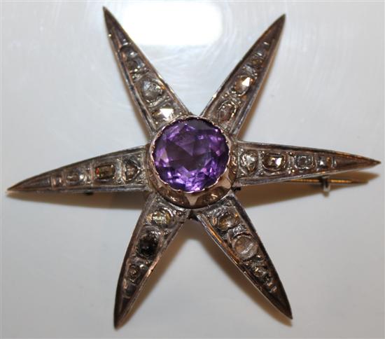 Amethyst and diamond star brooch